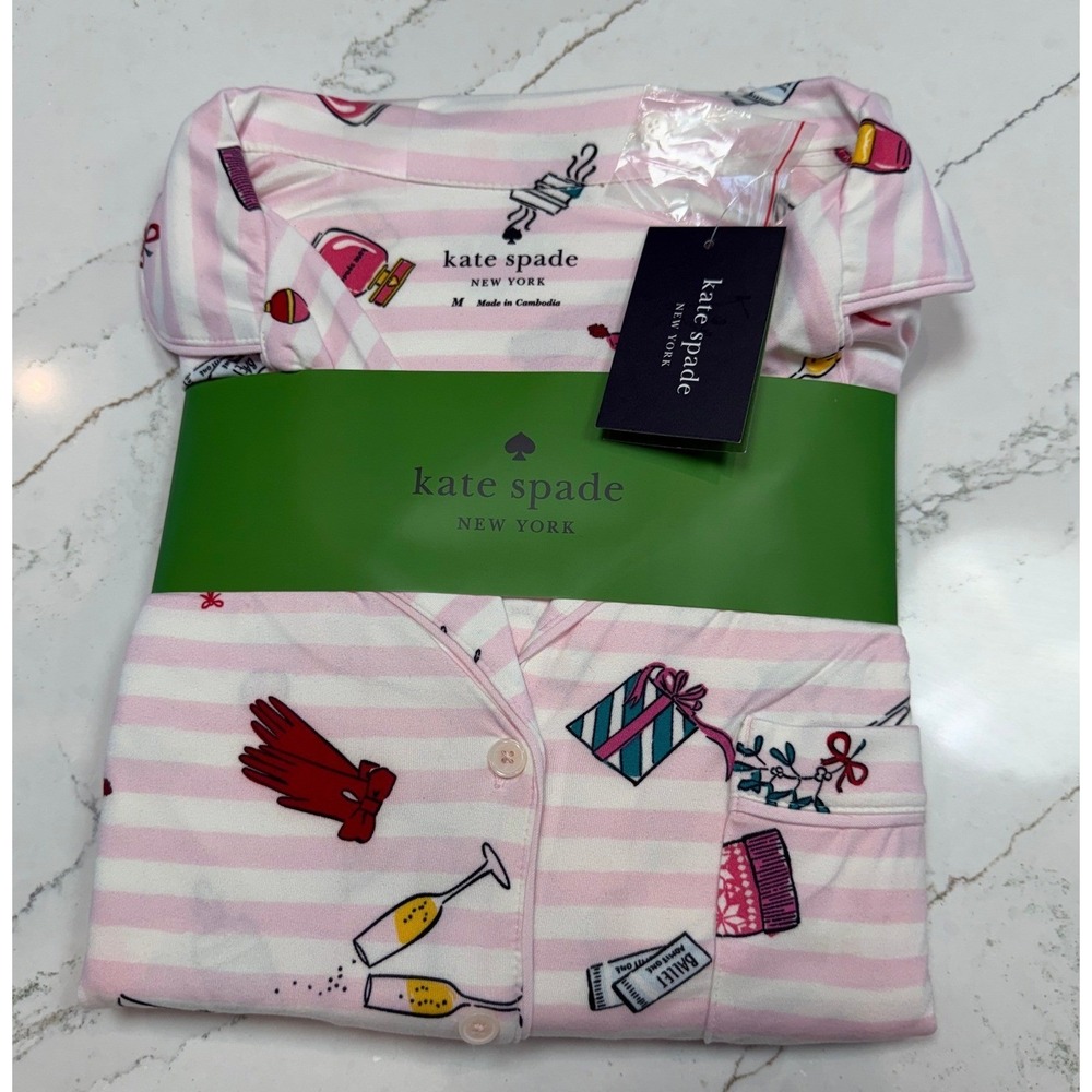 Kate Spade New York Pink Multi Stripe Pajama Set Size M Long Sleeve Pants